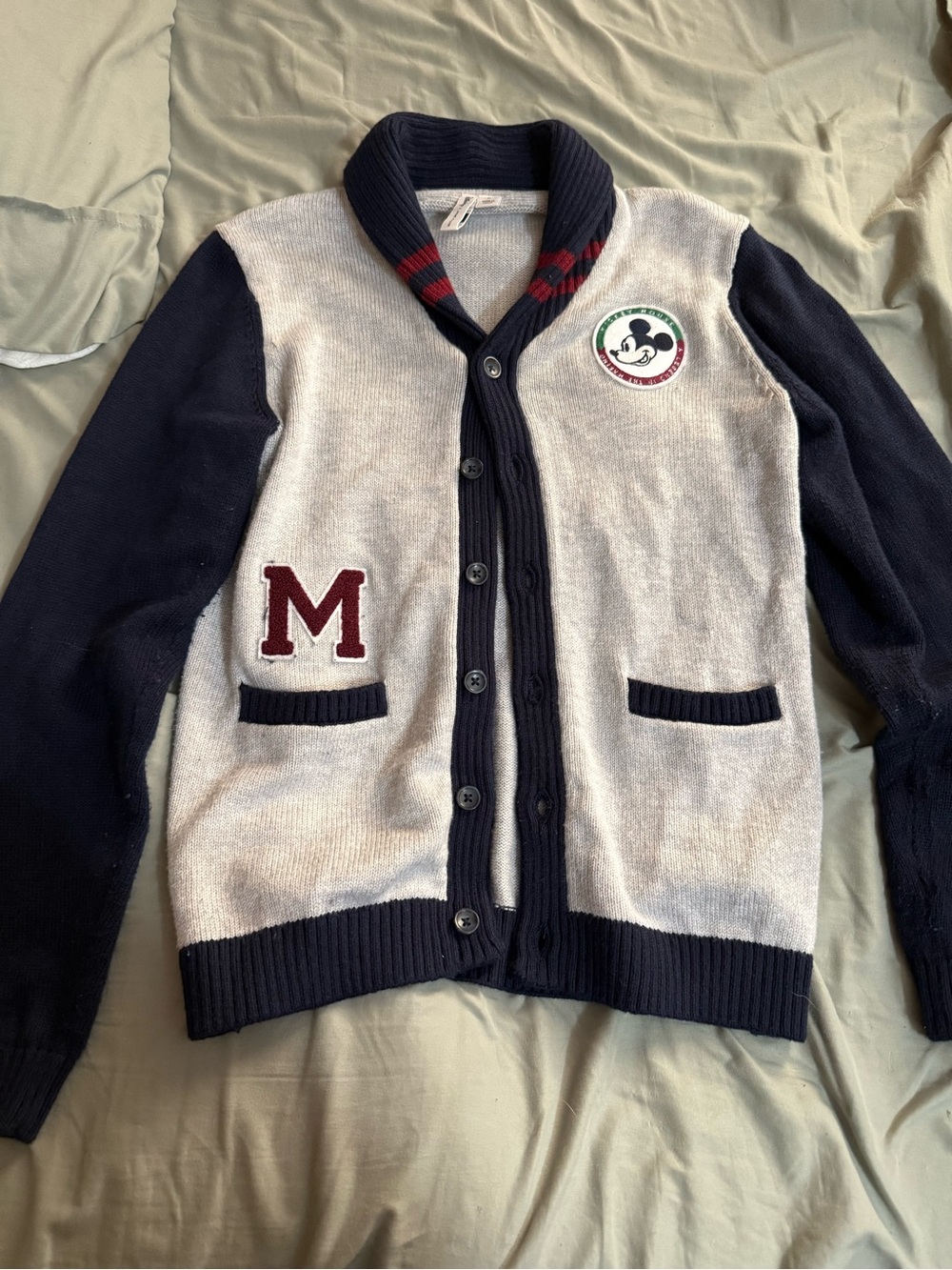 Disney X Janie and Jack Navy & Cream Shawl-Collar Cardigan with Mickey Patch
